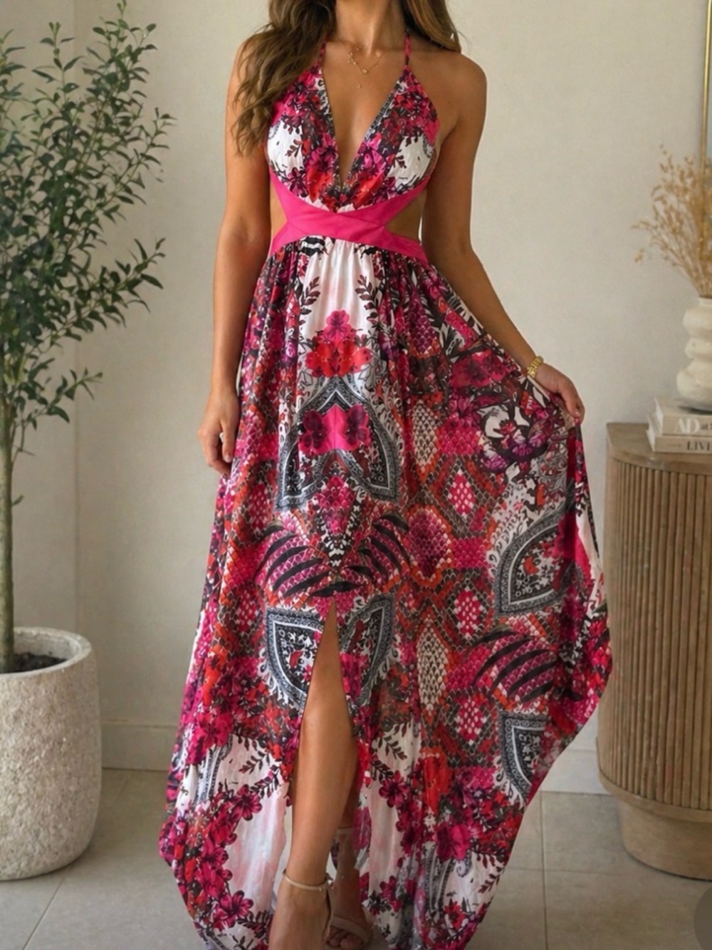 Halter Cutout Floral Maxi Dress in Fuchsia Pink